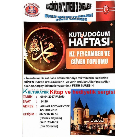 09.04.17 pazar günü Bourganeuf de (23400) kutlu doğum programında Kitap ve hediyelik sergisi