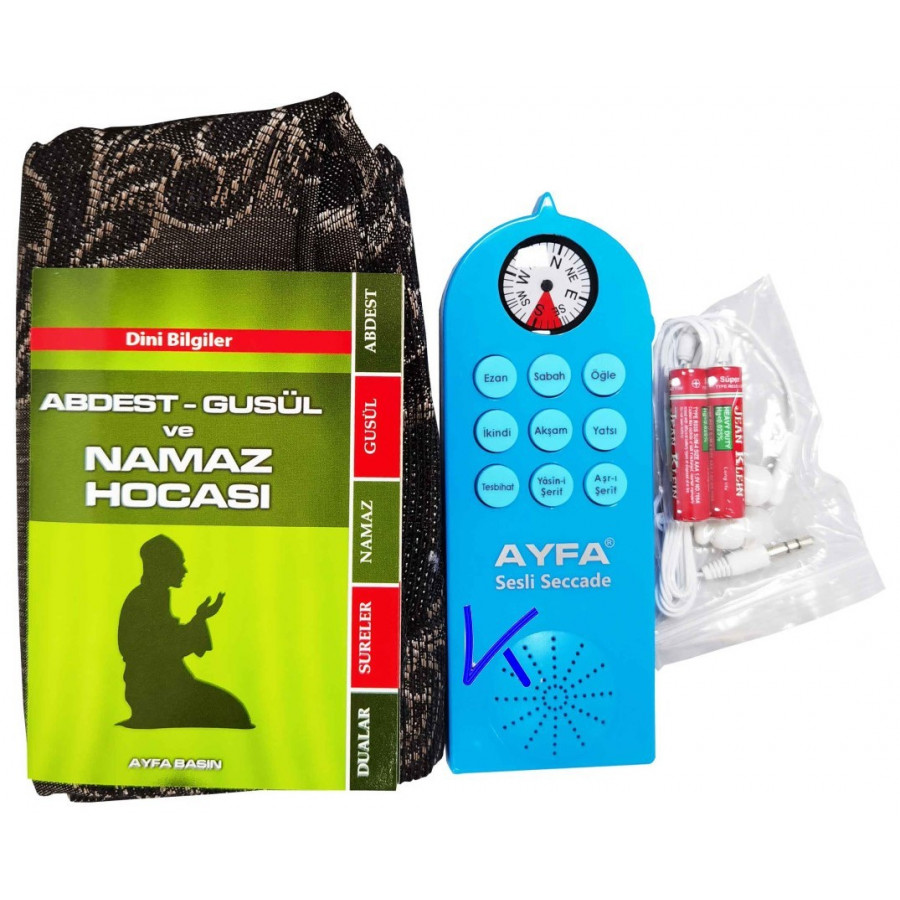 Sesli Kulaklıklı Pusulalı Seccade - Namaz kılmayı öğreten seccade - yeni model - ayfa - mavi